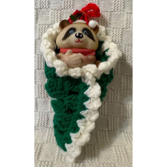 VTG Flocked Christmas Raccoon in Handmade Crochet Pouch in Red, Green & White - Picture 1 of 8